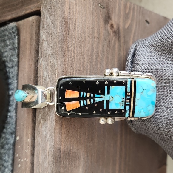 Amazing Handmade Native American Navajo Inlaid Pendant by Ray Jack 💙🖤🩵 - Picture 11 of 16